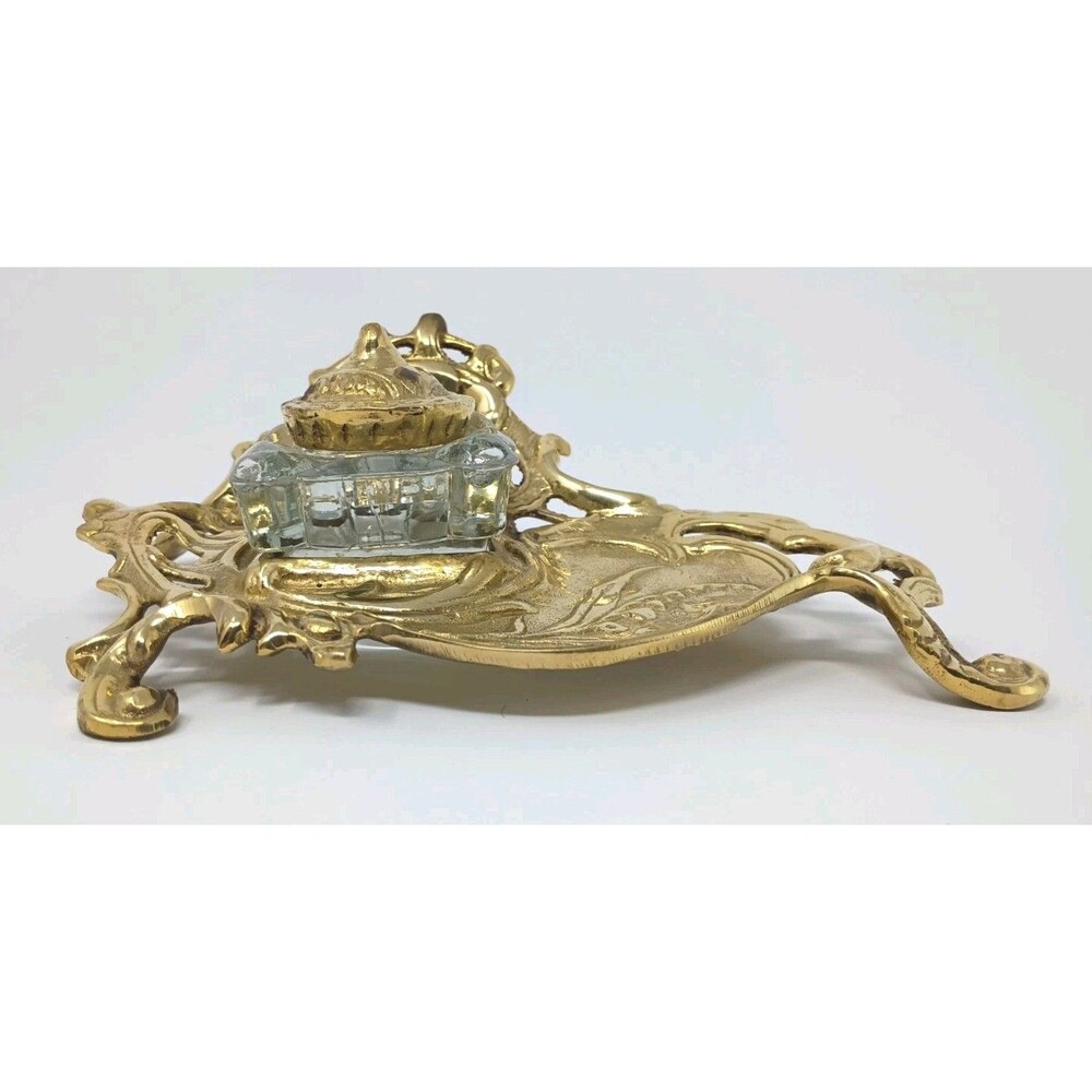 Antique Solid Brass Art Nouveau Writing Desk Set w/ Glass Inkwell - Picture 2 of 16